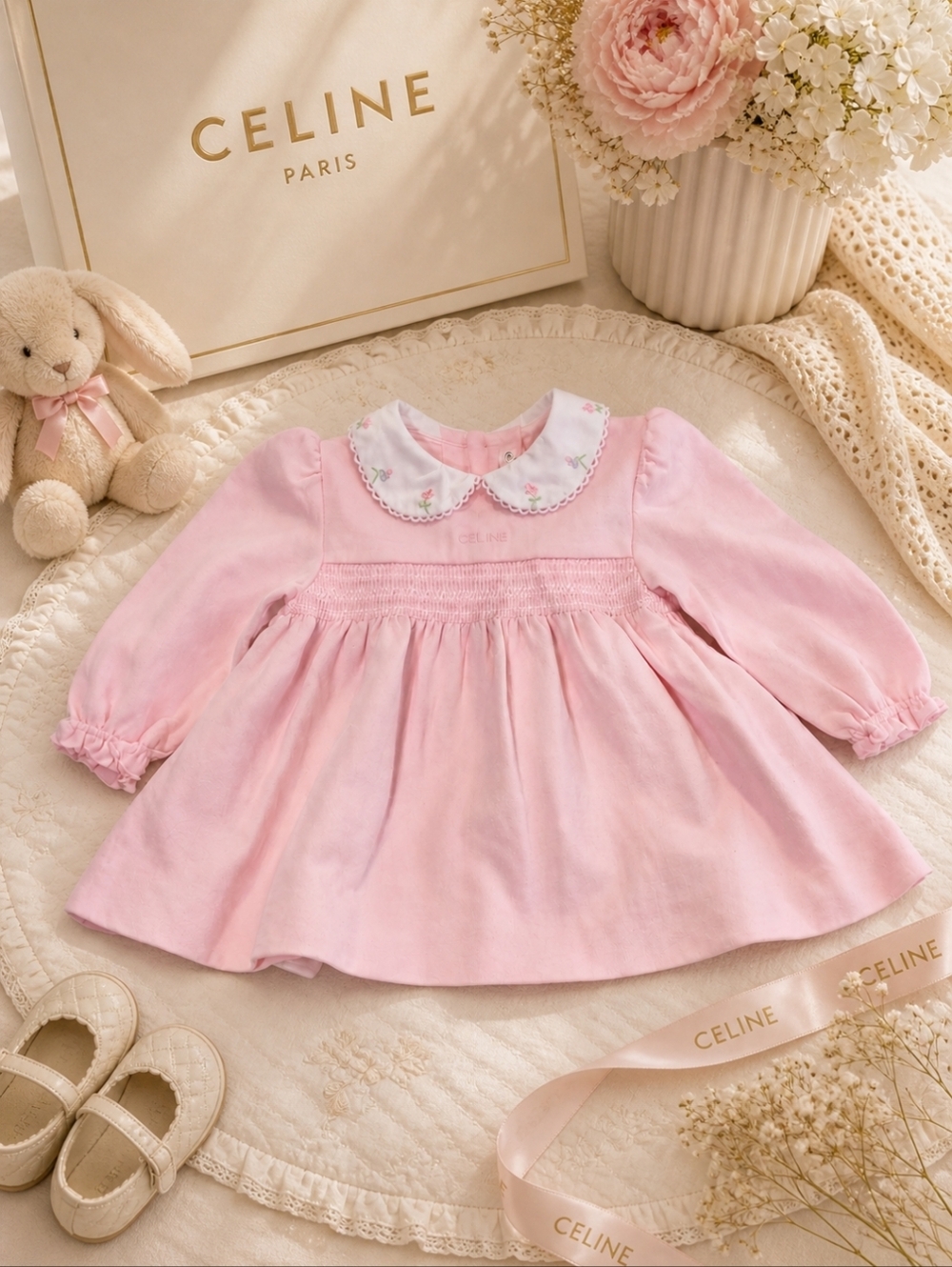 Celine Pink Baby Dress with Embroidered White Collar